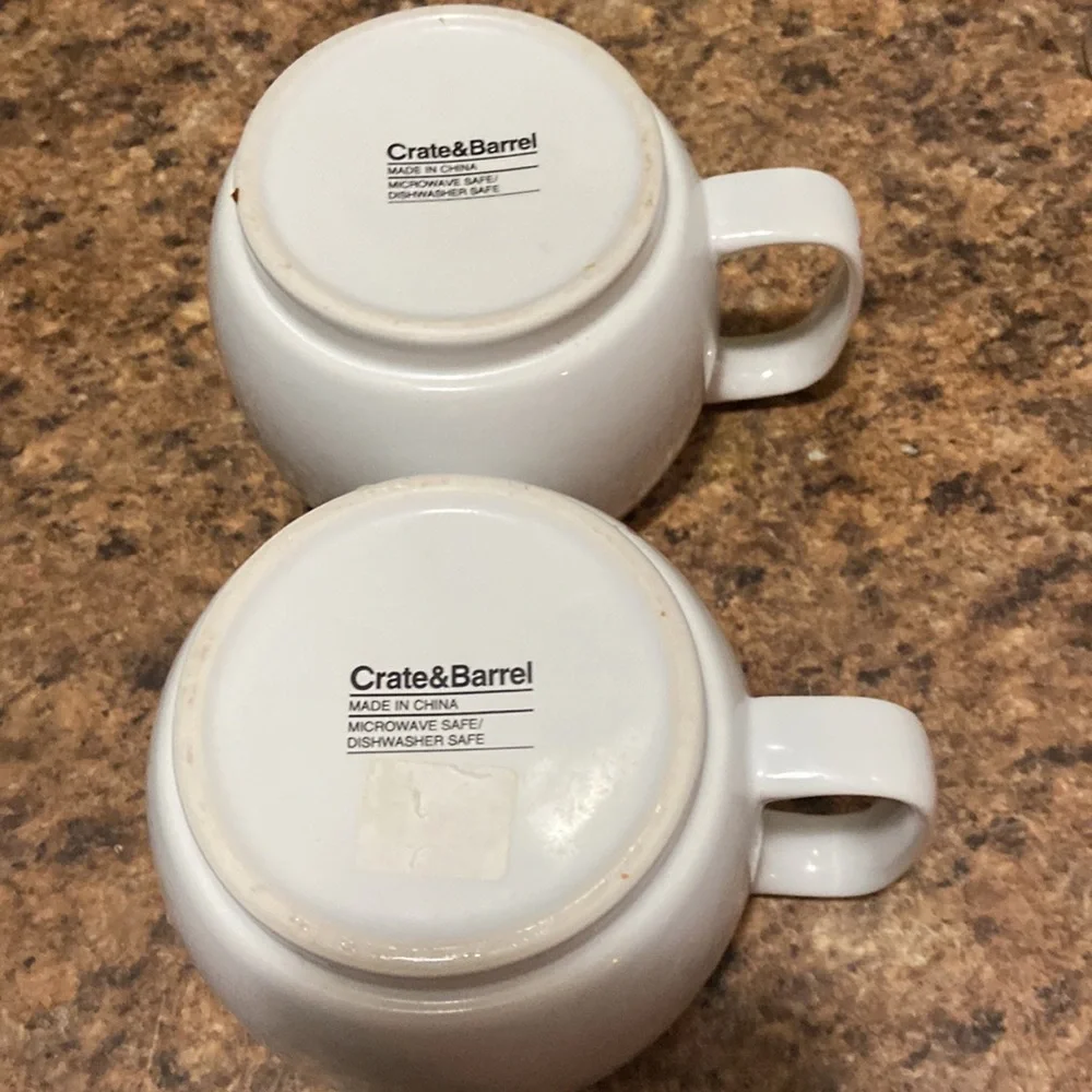 Crate & Barrel White Thick Ceramic Coffee Mugs Blue/Orange Insides Set of 2